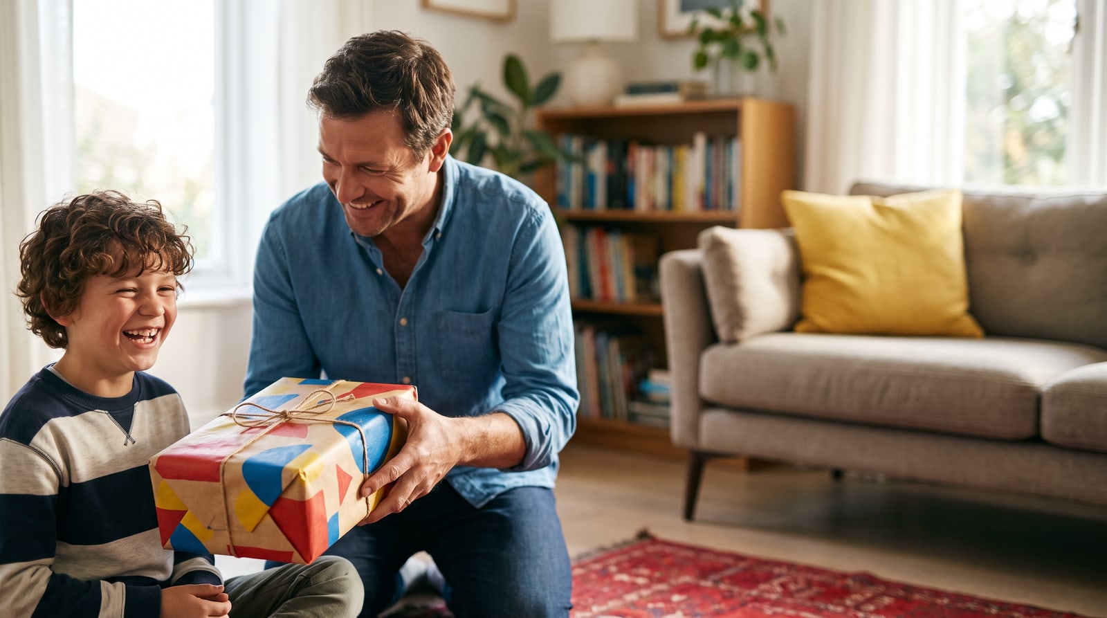 Vater überreicht seinem Sohn lachend ein eingepacktes Geschenk